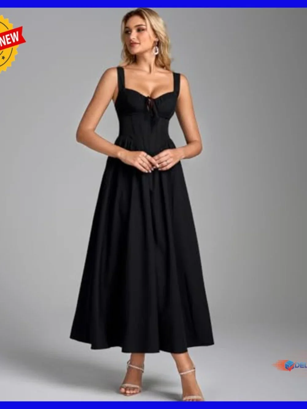 Corset Midi Dress Lace Up Back A-Line Flowy Formal Wedding Guest Sundress - Picture 4 of 6